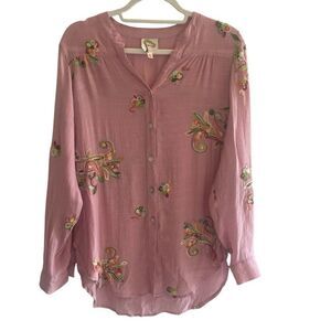 Anthropologie Fig & Flower Embroidered Floral Button Up Tunic Top Women’s Medium